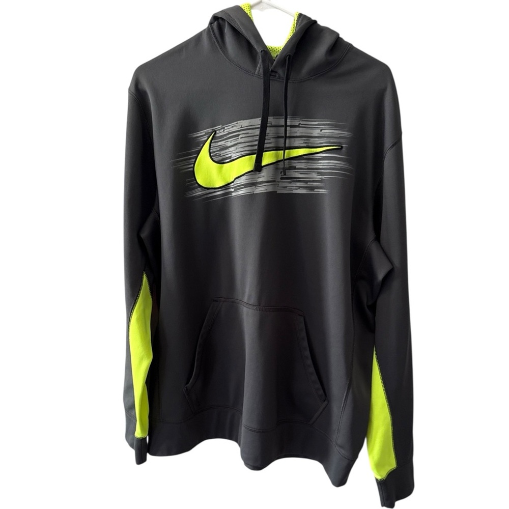 Nike Men’s Therma-Fit Hooded Fleece Sweatshirt Gray & Neon Green Accent, SZ L.